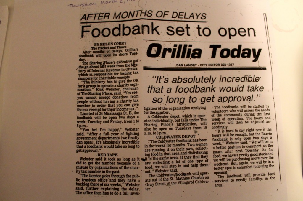 Pictured is an article that appeared in the Orillia Packet & Times newspaper March 2, 1989. It was located using the microfiche archives in the Orillia Public Library. The article described how the Sharing Place food bank, Orillia’s first food bank, was slated to open that month. 