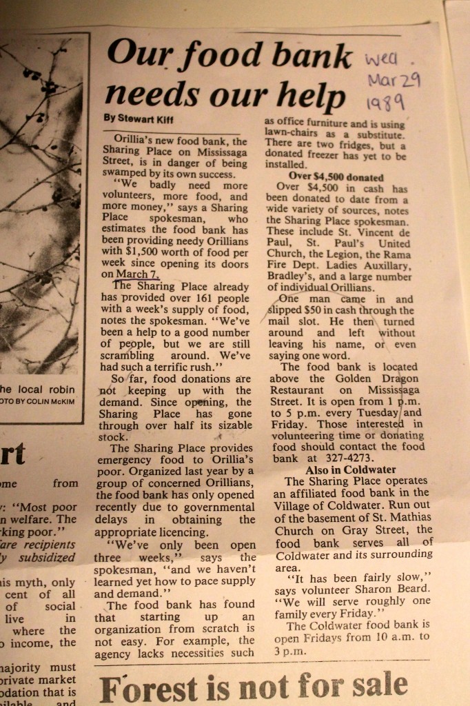 Pictured is an article that appeared in the Orillia Sun newspaper March 29, 1989.  An original print copy was located in the Orillia Public library using the online News, Views and More search tool. While there was some deliberation over when the Sharing Place originally opened, this article confirmed it was in fact up and running as of March 1989. 