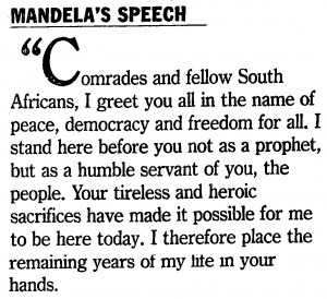 Mandela’s transcribed speech appeared in the Washington Post on Feb. 12, 1990.