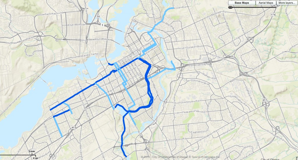 City of Ottawa 2013 Cycling Plan. www.Ottawa.ca  Dark blue: existing snow-cleared paths. Light Blue: proposed expansion.