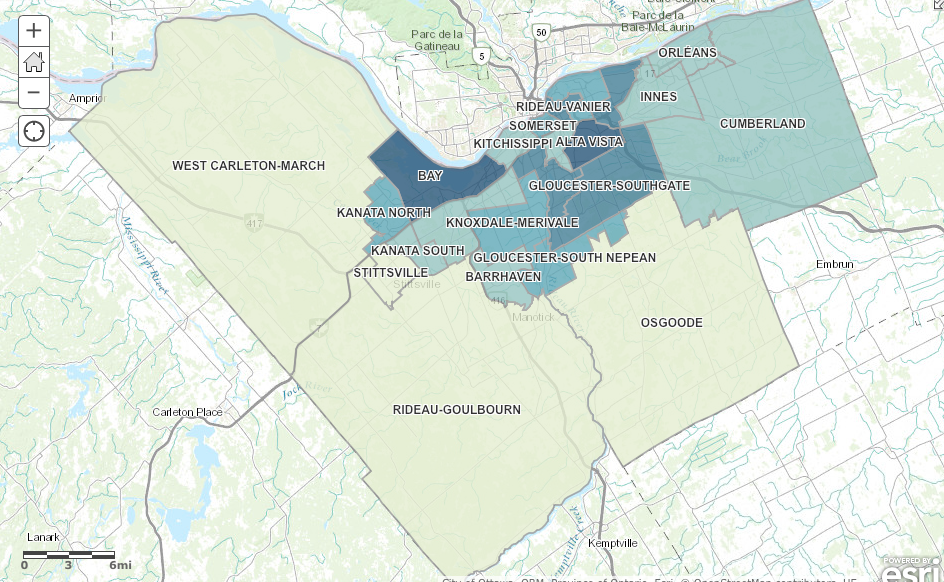 Click on the above image to  see an interactive map of immigrants per capita in Ottawa wards
